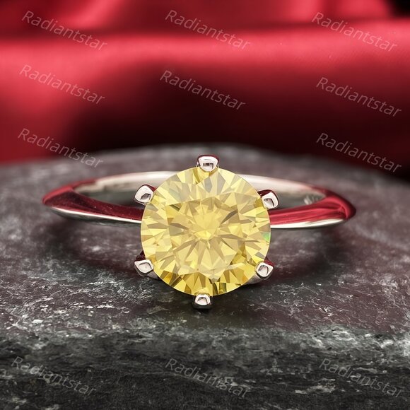 NEW Certified 2 ct. t.w. Lemon Yellow Moissanite Solitaire 6 Prong Ring - Picture 1 of 8